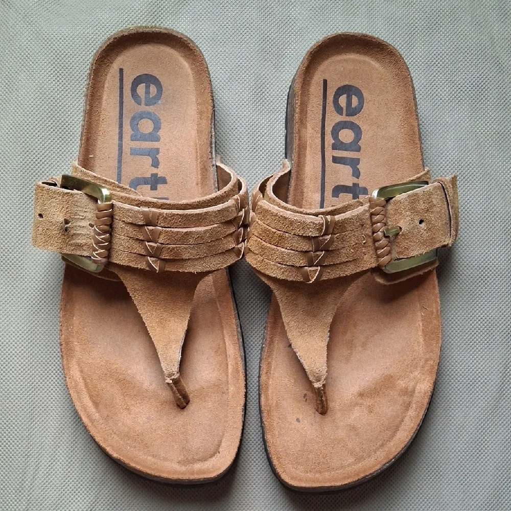 Earth Etaldora Sandals Women’s 7 Tan Leather Thong Flip Flop Boho Comfort - Picture 1 of 9